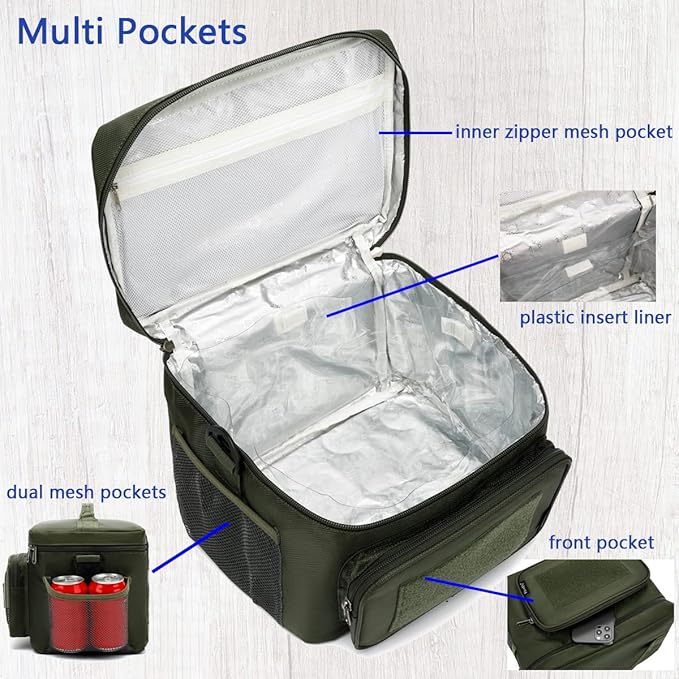 FlowFly Tactical Lunch Bag Large Insulated Lunch Box Cooler Tote for Men, Women with MOLLE/PALS Webbing (Army#Green, Large)