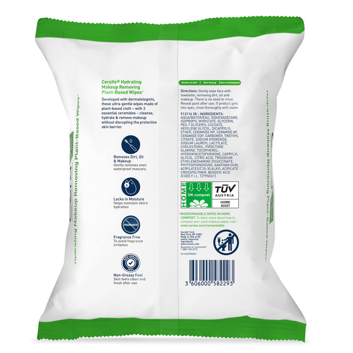 CeraVe Hydrating Facial Cleansing Makeup Remover Wipes, Plant Based Face Wipes, Biodegradable in Home Compost, Face Wash Cloth, Suitable for Sensitive Skin, Fragrance-free Non-comedogenic, 25 Count