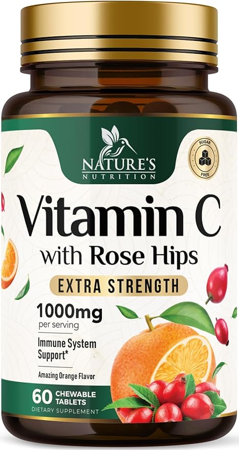 Chewable Vitamin C 1000mg - Extra Strength Antioxidants for Powerful Immune Support w/Vitamin C & Rose HIPS - Potent Dietary VIT C Chews Supplement, Natural, Vegan, Gluten-Free, Non-GMO - 60 Tablets