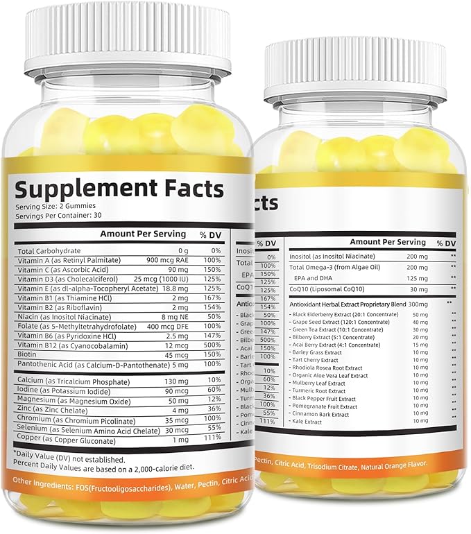 Multivitamin Gummies for Women w/Omega-3, Inositol, Folate, Biotin, Women Multivitamin Gummy w/Vitamins A, C, D3, E, B12 for Heart, Brain, Energy, Immune, Sugar Free, Orange Flavor, 60 Ct