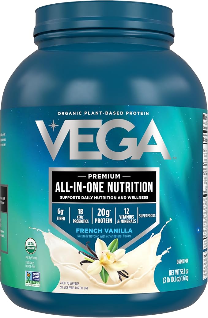 Vega Organic All-in-One Vegan Protein Powder, French Vanilla -Superfood Ingredients, Vitamins for Immunity Support, Keto Friendly, Pea Protein for Women & Men, 3.1 lbs (Packaging May Vary)