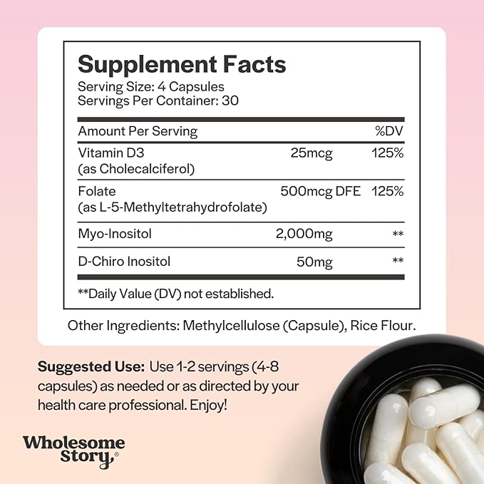 Myo-Inositol & D-Chiro Inositol Capsules with MTHF, Folate, Vitamin D| Support for Ovarian Function, Hormone Balance, & Homocysteine Levels | Fertility Supplements for Women | 40:1 Ratio
