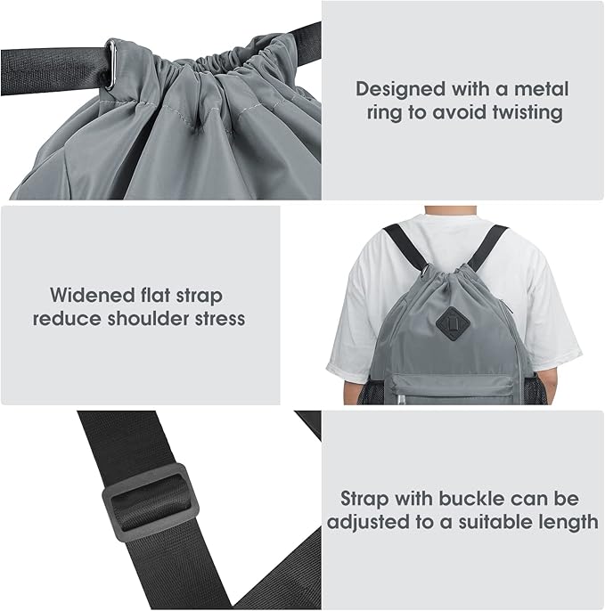 WANDF Drawstring Backpack Sports Gym Bag with Shoes Compartment, Water-Resistant String Backpack Cinch for Women Men(Large,Grey)