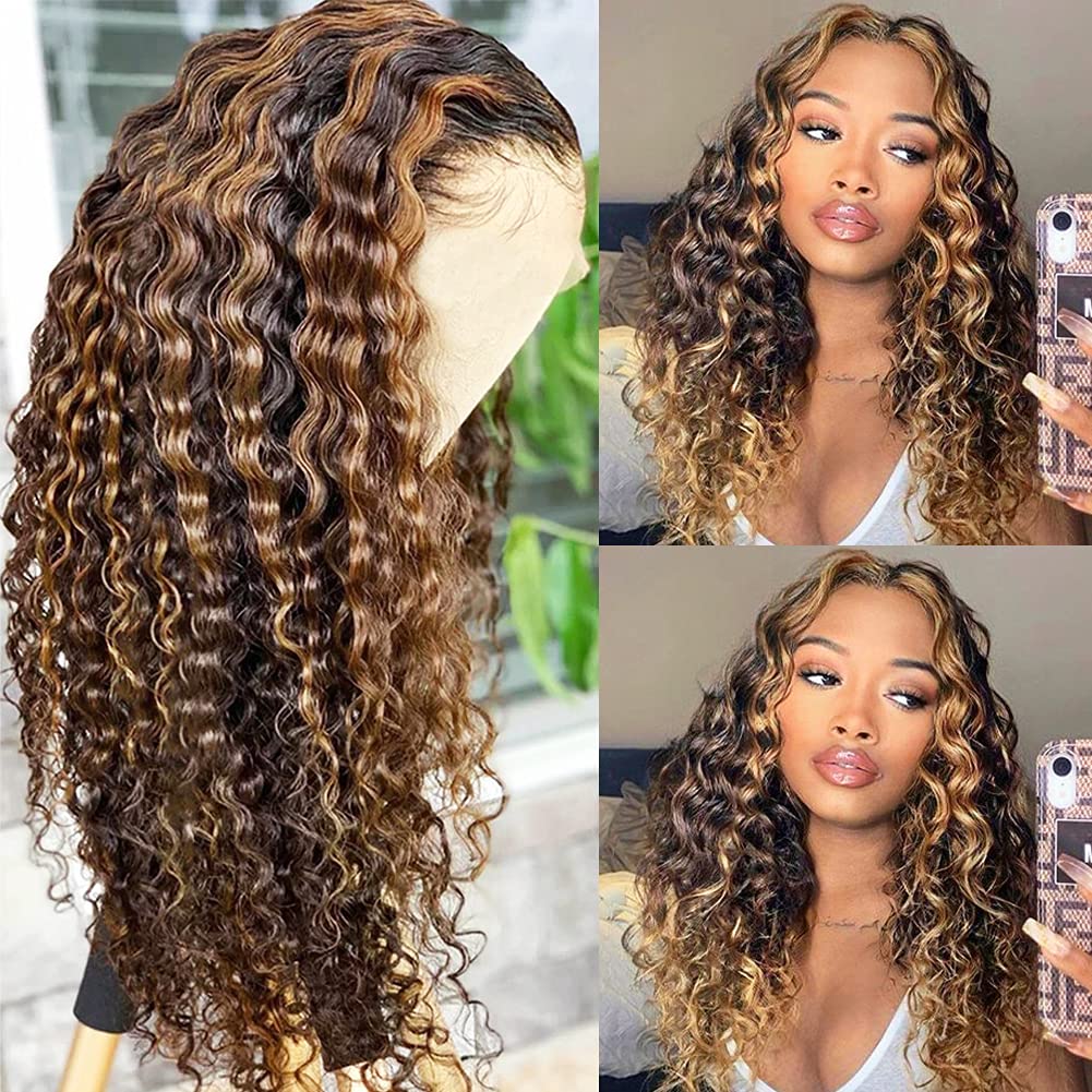 Pizazz Honey Blonde Lace Front Wigs Human Hair Pre Plucked 4/27 Ombre Highlight HD Lace Frontal Wigs with Baby Hair 180 Density 13x4 Deep Wave Frontal Wig 16 Inch