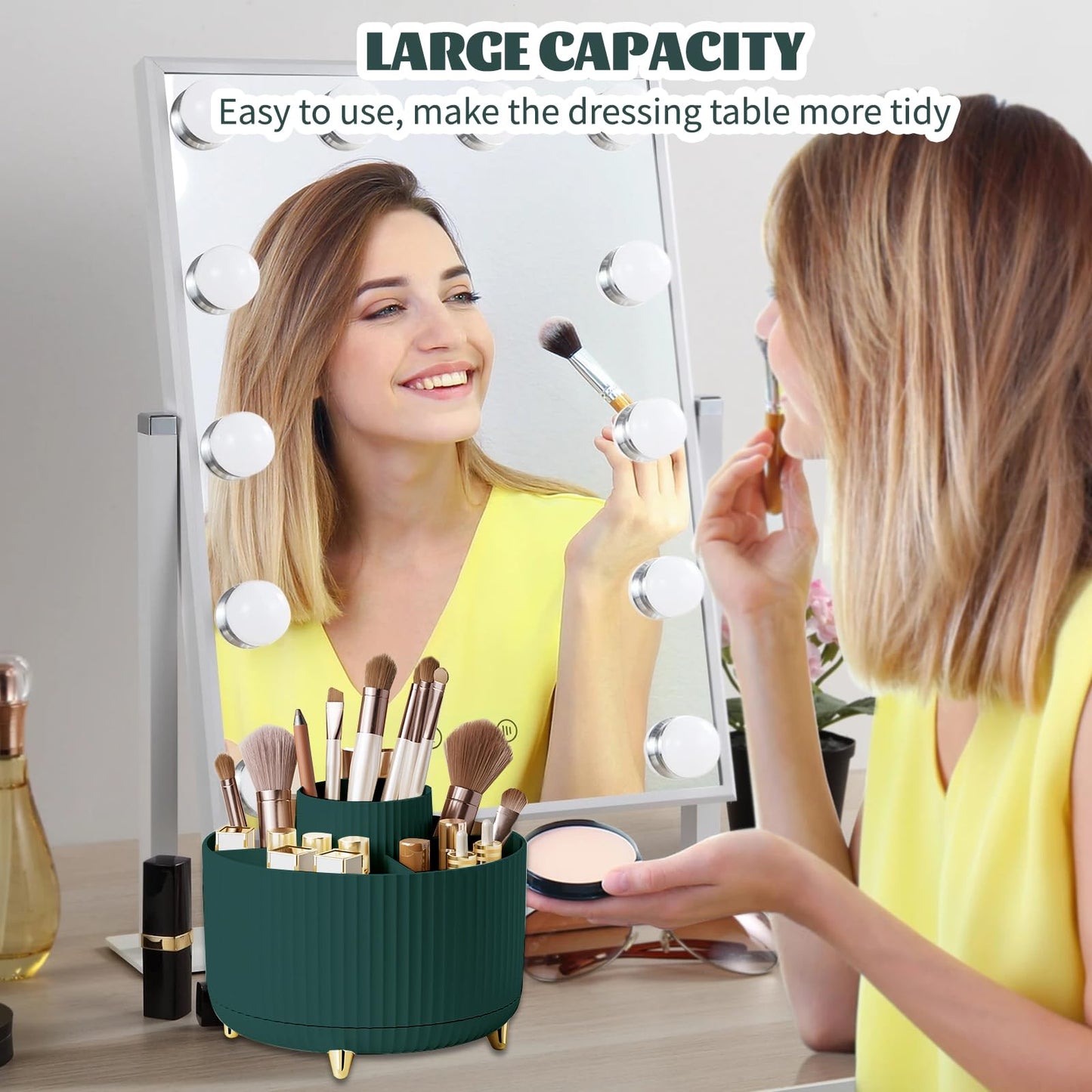 360° Rotating Makeup Organiser, Make Up Brush Holder with 5 Compartments, Desk Storage Container for Bedroom Dressing Table Cosmetics Organizer, Office Stationery Storage, Desktop Pen Holders (Green)