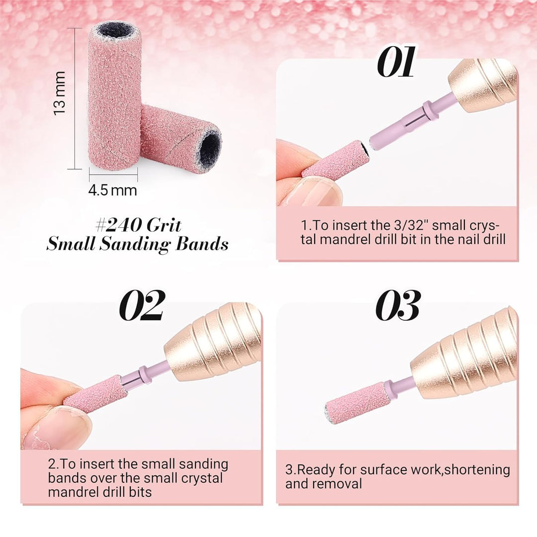 MelodySusie 120 Pcs Nail Drill Bits Small Sanding Bands for 3.1mm Mandrel Bit, 240 Extreme Fine Grit Nail File for Acrylic Nails Gel Manicures and Pedicure, Pink (Only Sanding Bands)