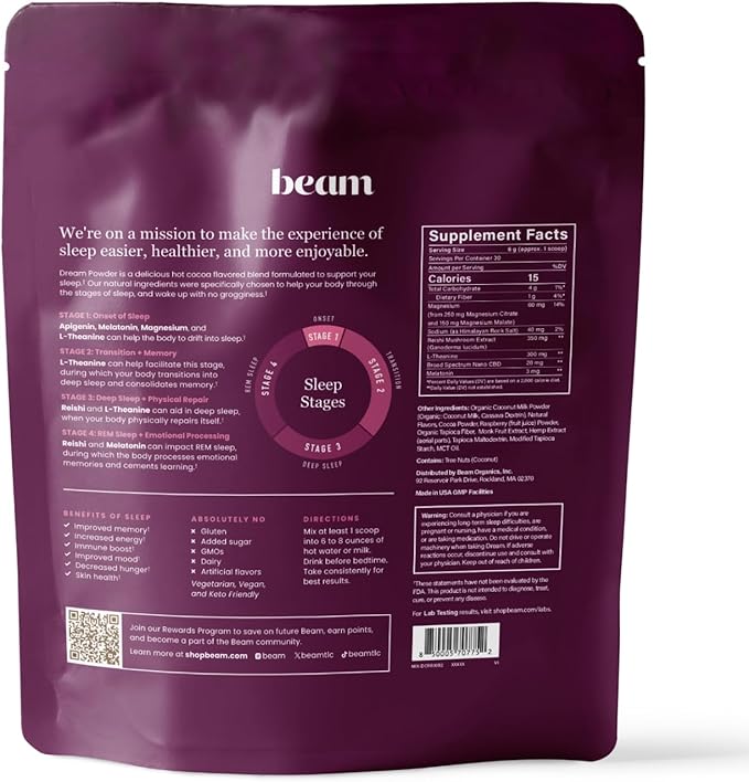 Beam Dream Sleep Powder, Natural Sleep Aid and Magnesium Hot Cocoa Drink for Adults, Calming Sleep Supplement with Apigenin, Nighttime Sleep Drink Powder, Third Party Tested Supplement, 30 Servings
