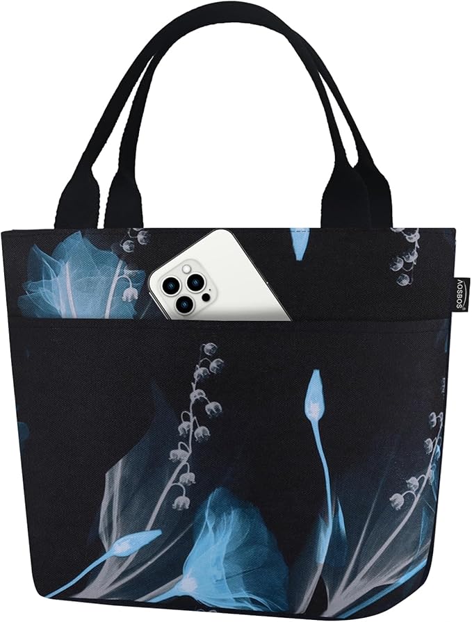 Aosbos Large Lunch Bags for Adult Lunch Box for Women Insulated LunchBox Soft Cooler Tote Bag Food Organizer Holder Lunchbag Black Dream Flower