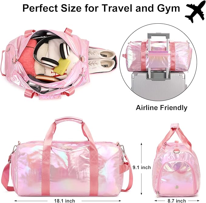 Gym Duffle Bag for Kids Girls Sports - Dance Cheerlead Overnight Weekender with Shoe Compartment - Pink