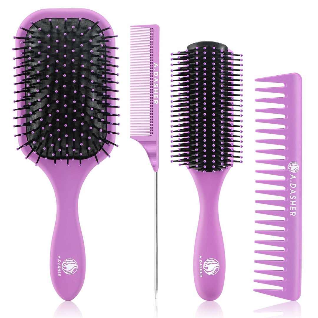4Pcs Paddle Hair Brush Set - Detangler And Comb For Afro 3/4Abc Texture, Wet And Dry Brush For Long Thick Thin Natural Curly Hai