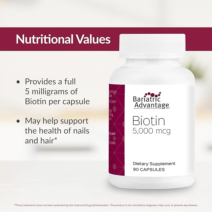 Bariatric Advantage Biotin 5,000 mcg - for Bariatric Surgery Patients - Easy-Digest Mini Capsules - Biotin Supplement - Hair, Skin & Nails Support* - 90 Count