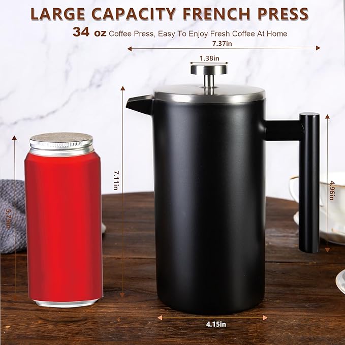 34 OZ Large French Press, Premium Stainless Steel Sturdy Insulated French Press Coffee Maker, 4-8 Cups French Coffee Press, Tea Presses for Home Kitchen Caming Loose Tea, Elegant Black