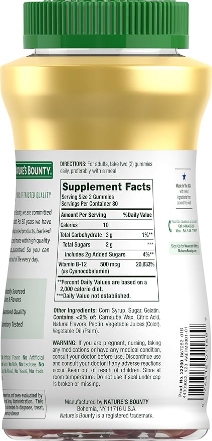 Nature's Bounty Vitamin B12 Gummies, Dietary Supplement, Supports Energy Metabolism and Nervous System Health, Mixed Berry Flavor, 500mcg, 160 Count