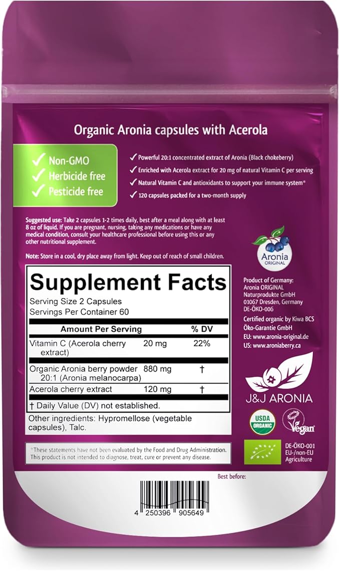 Aronia Berry Capsules Organic (60 Servings) | 17,600 mg Fresh Aronia Berries Equivalent & 120 mg Acerola Cherry Extract per Serving | High in Vitamin C & Antioxidants | Black Chokeberry Supplement
