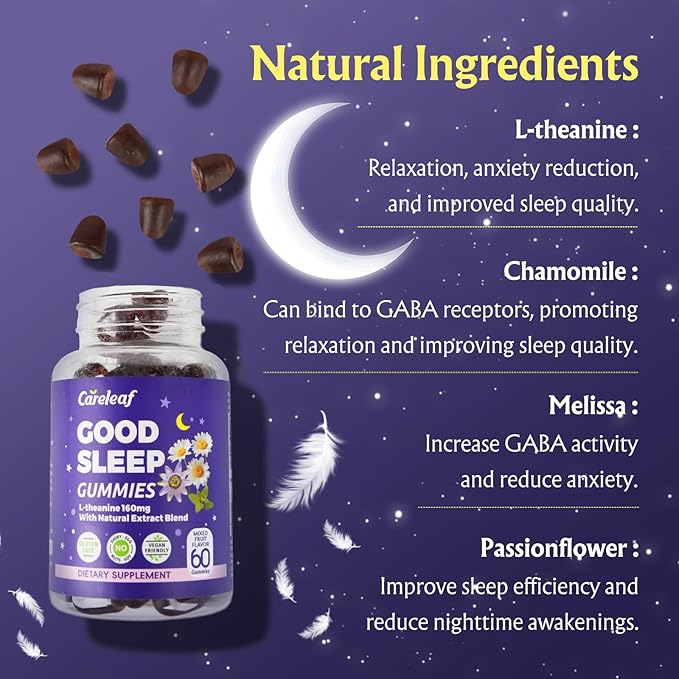 Non-Melatonin Sleep Aid Gummies - Fall Asleep Faster with L-Theanine, Magnesium & Herbal Blend, 60 Vegan Gummies for Adults, Reduces Nighttime Overthinking