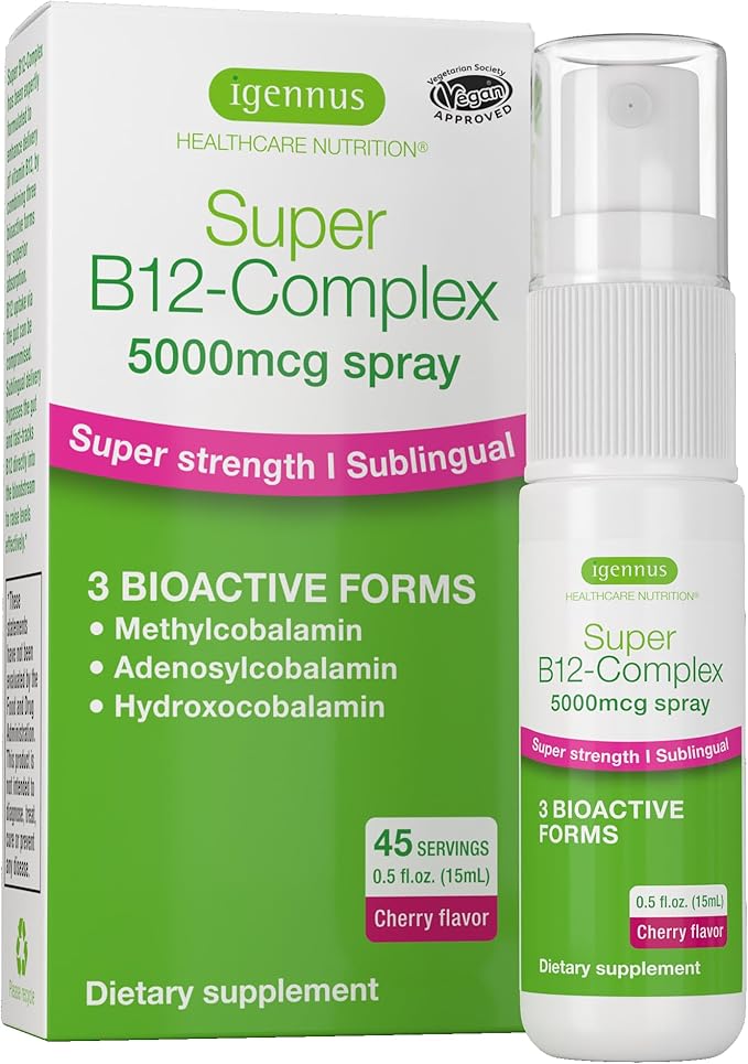 Igennus Super Vitamin B12 Complex 5000mcg, 45 Servings, Sublingual Spray, Methylated Methylcobalamin, Adenosylcobalamin & Hydroxocobalamin, High Strength & Clean, Natural Cherry Flavor Liquid, Vegan