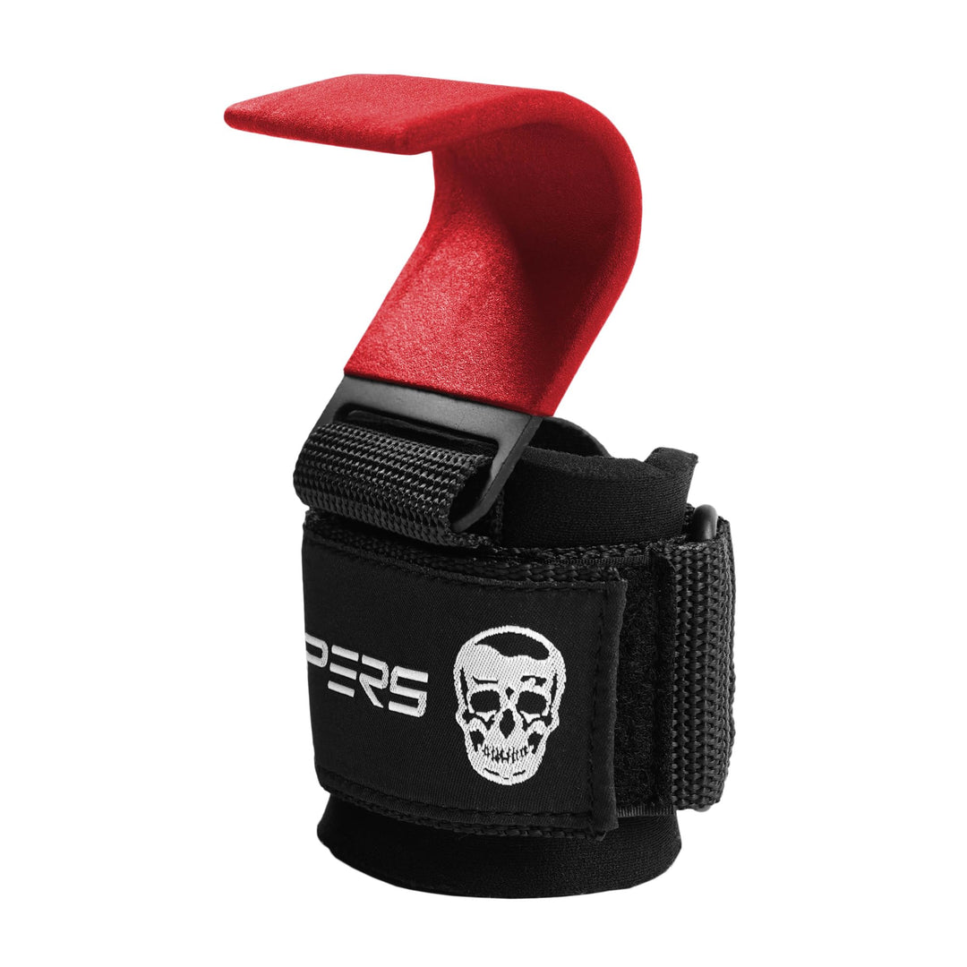 Gymreapers Weight Lifting Hooks (Pair), Heavy Duty Power Wrist Straps Hand Grip Support for Deadlifts, Pull Ups, Shrugs - Gym Gloves for Men and Women (Red)