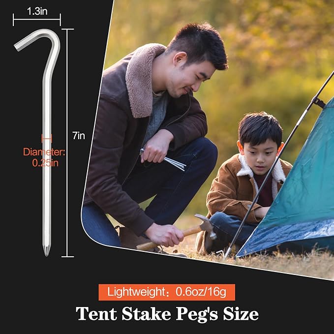 Tent Pegs, 64 Pack Aluminum Tent Stakes Pegs with Hook, 7" Hexagon Rod Lightweight Canopy Stakes Pegs for Camping, Canopy, Outdoor Decoration(7", 64 Pack)