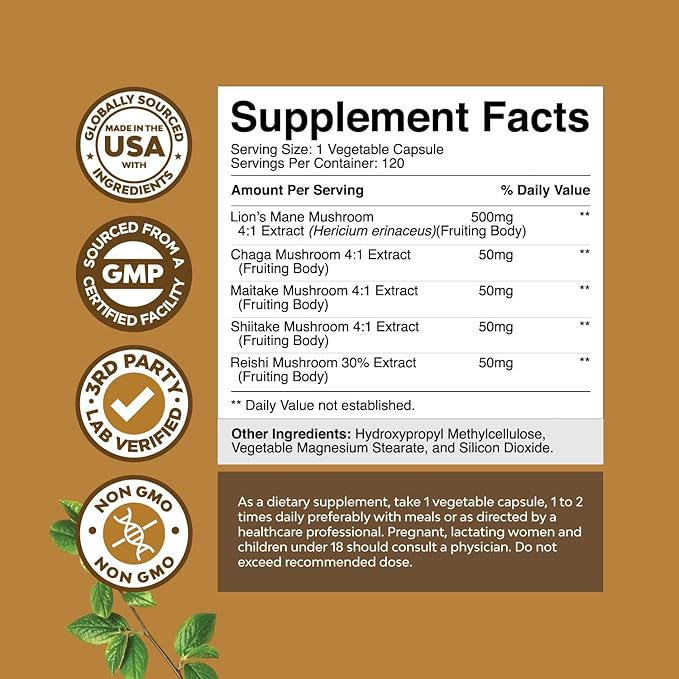 Advanced Lion's Mane Mushroom Supplement - Lions Mane Supplement Capsules with Reishi, Chaga , Maitake & Shiitake for Brain Health, Memory Support & Focus - Nootropic for Mental Clarity - 120 Caps