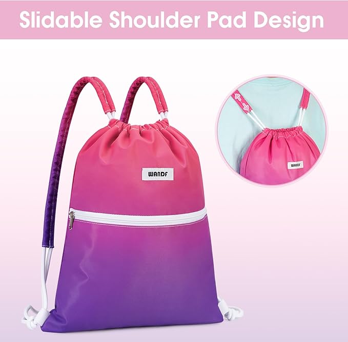 WANDF Drawstring Backpack Sports Gym Bag with Shoulder Pads Water Resistant String Bag Cinch Bag for Women Men (Rose Red)