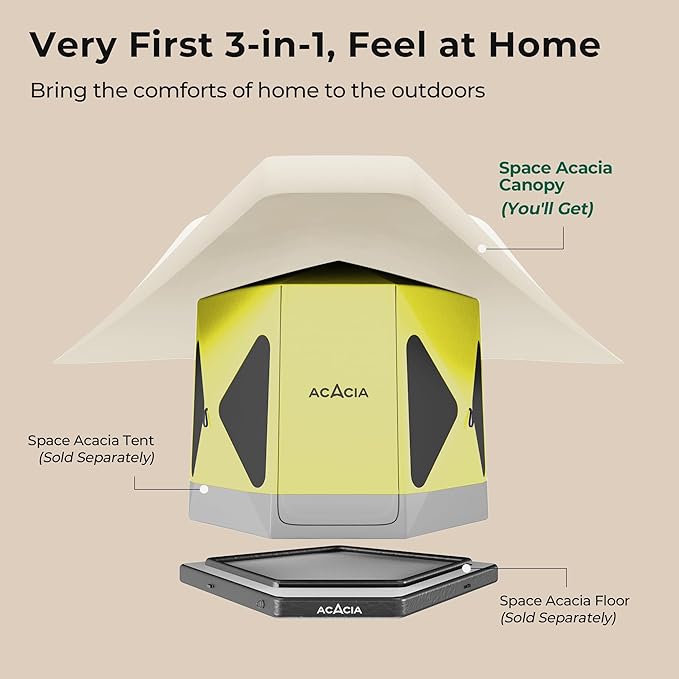 ACACIA Canopy 2-3 Person for Space Acacia Camping System, PU2000 Waterproof Camping Tarp for 4 Season Camping, UPF50+ Sunproof Tent Tarp with 2 Telescoping Poles, Carry Bag, Almond