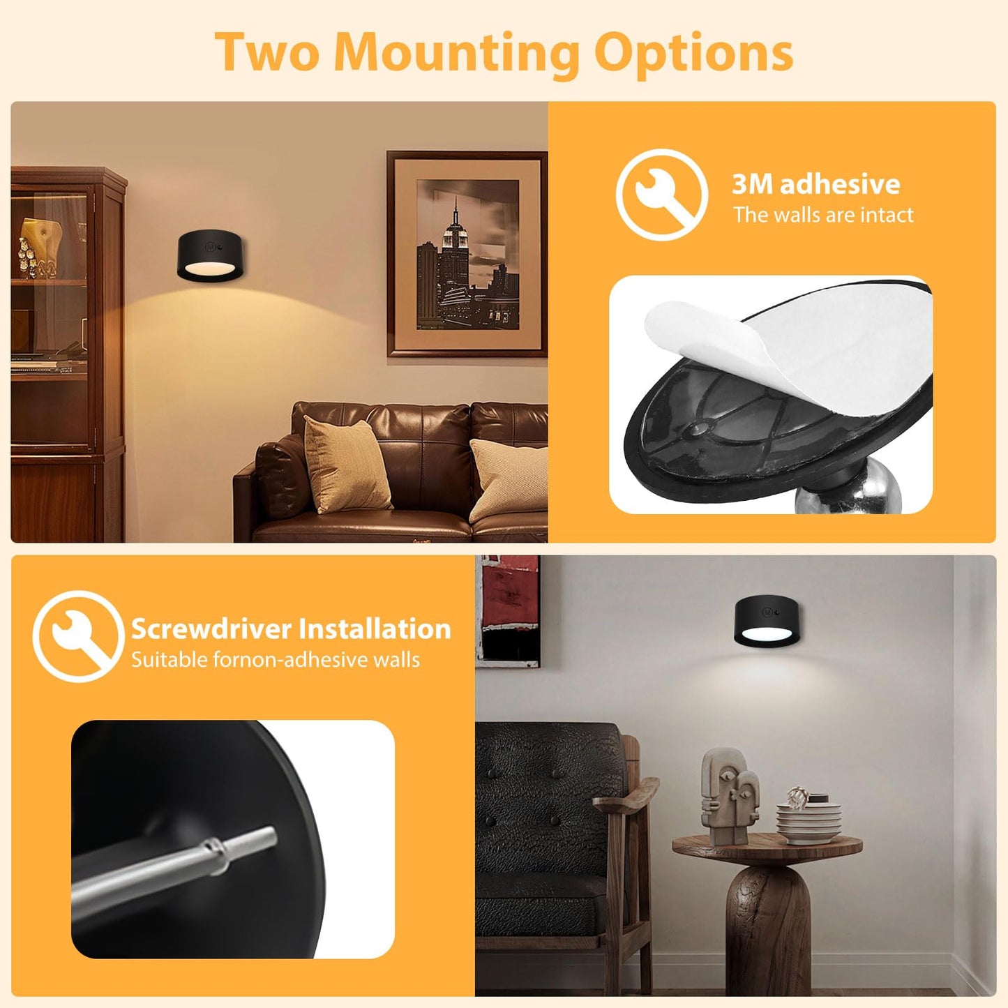 Battery Operated Wall Lamps, 2 PCS Rechargeable Wall Lights Indoor with 14 Color Modes 6 Brightness Levels, Wall Sconces 360° Free Rotation Remote&Touch Control for Bedroom Living Room Reading