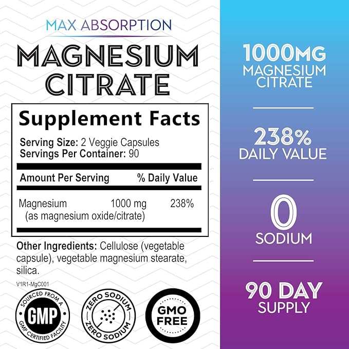 Magnesium Citrate Extra Strength 1000 mg - High Absorption Magnesium Supplement for Muscle, Bone, Nerve & Heart Health Support, Magnesio Vitamin Pills, Non-GMO, Nature's Premium Formula - 180 Capsules