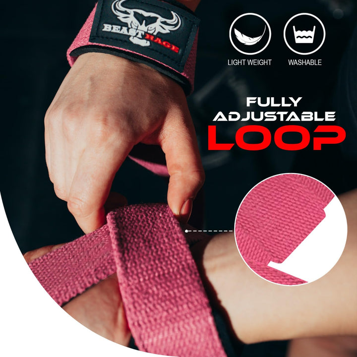 BEAST RAGE Lifting Wrist Straps for Weightlifting, Weight Lifting Straps Gym Power Workouts Lifting Straps Padded Cotton Men Women Supportive Lift Deadlift Straps Hard Pull Exercise Straps (Pink)