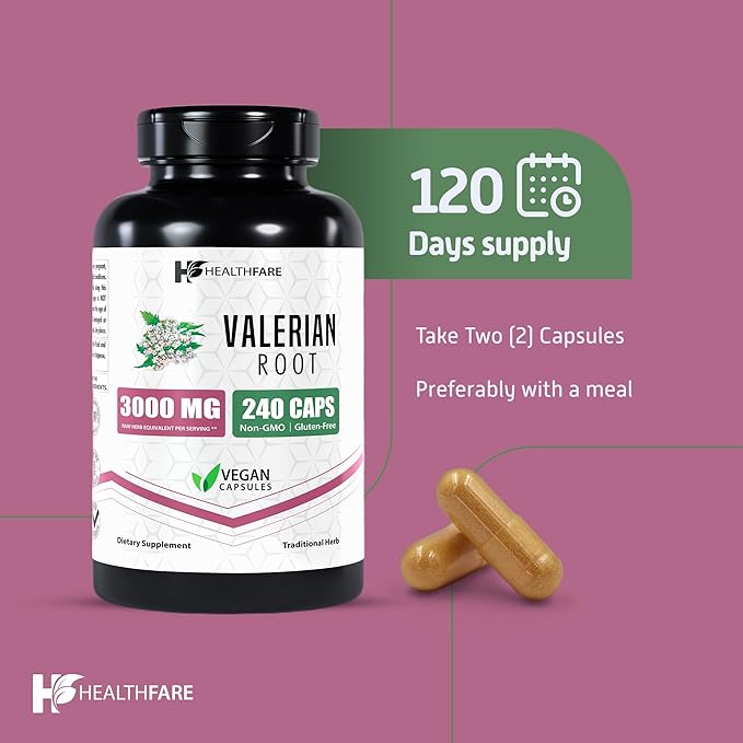 Valerian Root Capsules, Extract 3000mg | 240 Vegan Capsules | High Potency | Gluten-Free | Non-GMO