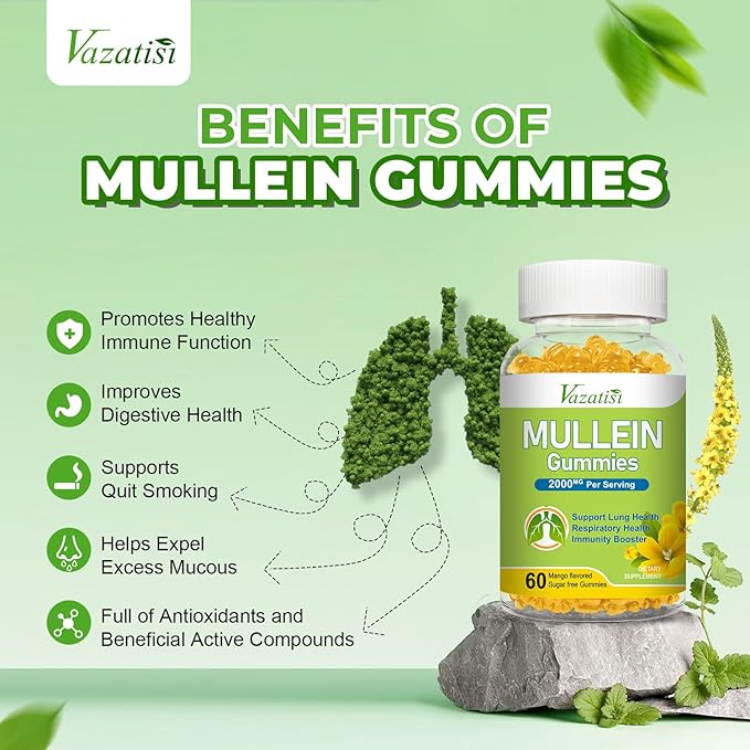Mullein Gummies, Mullein Leaf Extract with Bromelain, Quercetin, Pine Bark Support Lung Cleanse for Healthy Breathing, 60ct