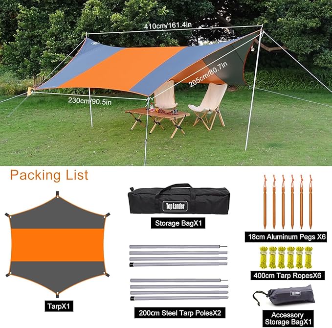 13.5 * 13.5ft Camping Tarp Shelter with Poles Large Tent Tarp Waterproof Rain Fly for Hammock Cover Bushcraft Picnic Backpacking Outdoor Survival