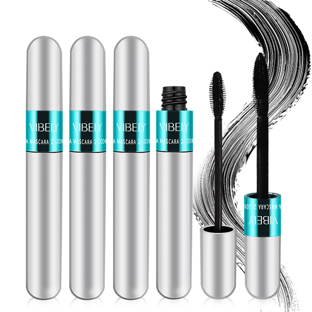 KUNSHNBEI 4 Pack VIBELY Mascara - 5x Longer, Washable, 2 in 1 4D Silk Fiber, No Clumping, Long-lasting Black
