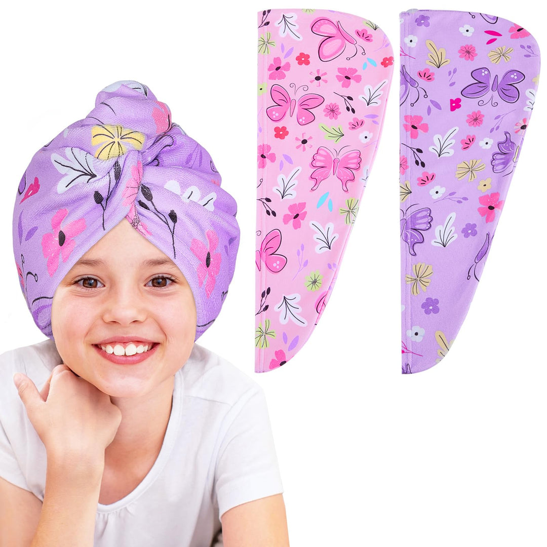 Basumee Microfiber Hair Towel Wrap for Kids 2 Pack Rapid Drying Hair Towel with Button Hair Turbans for Wet Hair Wraps Head Towel Wrap for Women and Girls, Pink Purple Butterfly