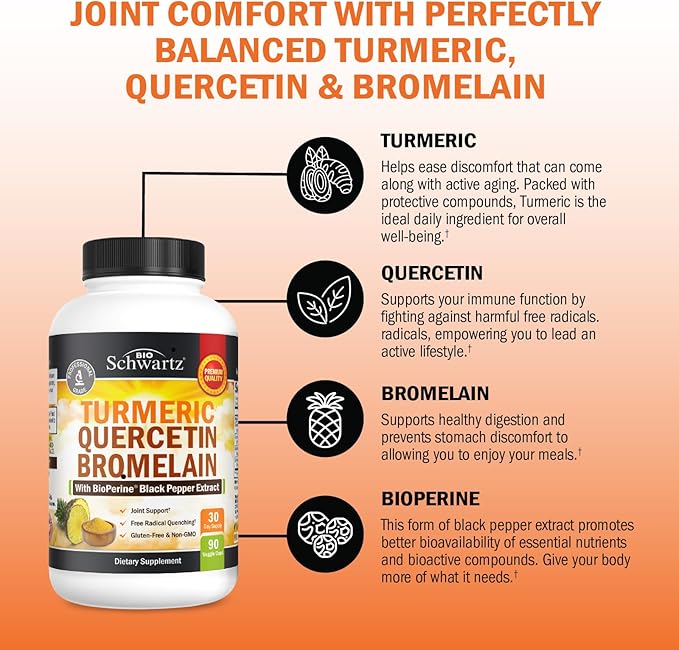 Turmeric Quercetin with Bromelain Supplement - Natural Extra Strength Immune and Joint Support with BioPerine Black Pepper for Max Absorption - Organic Tumeric Bromelain Supplement Vegan Safe, Non-GMO
