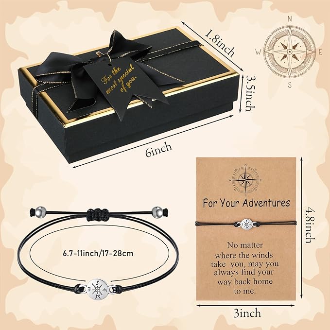 Compass Gift Set Engraved Compass with Chain Souvenir Present Bracelet with Greeting Card Walnut Wooden Box Gift Box for Women Men Friends Party Souvenir Favors