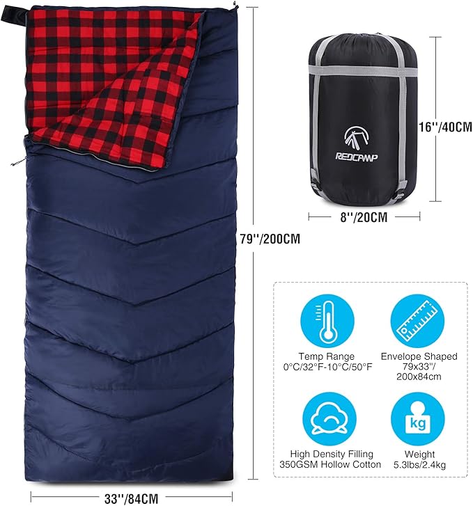 REDCAMP Outdoors Cotton Flannel Sleeping Bag for Camping Hiking Climbing Backpacking, Envelope Sleeping Bag with Compression Sack, Red Plaid 3lbs(79"x33"), Navy Blue 2lbs (75"x33")