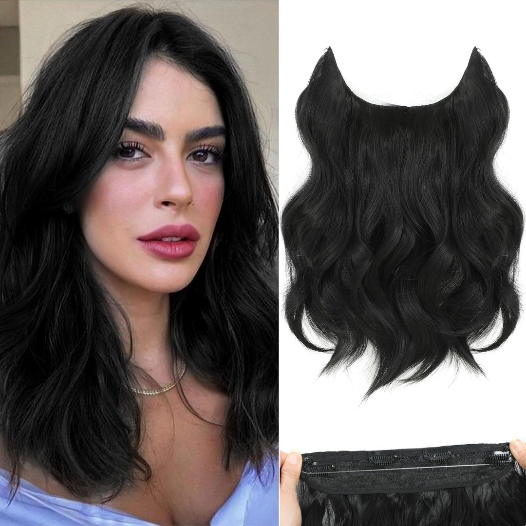 BUPPLER Halo Hair Extensions 12 Inch Adjustable Long Wavy Hairextension Synthetic Wig Upgrade 4 Secure Clips in Hairpieces Invisible Wire Black Hair Extensions (12 Inch, Black)