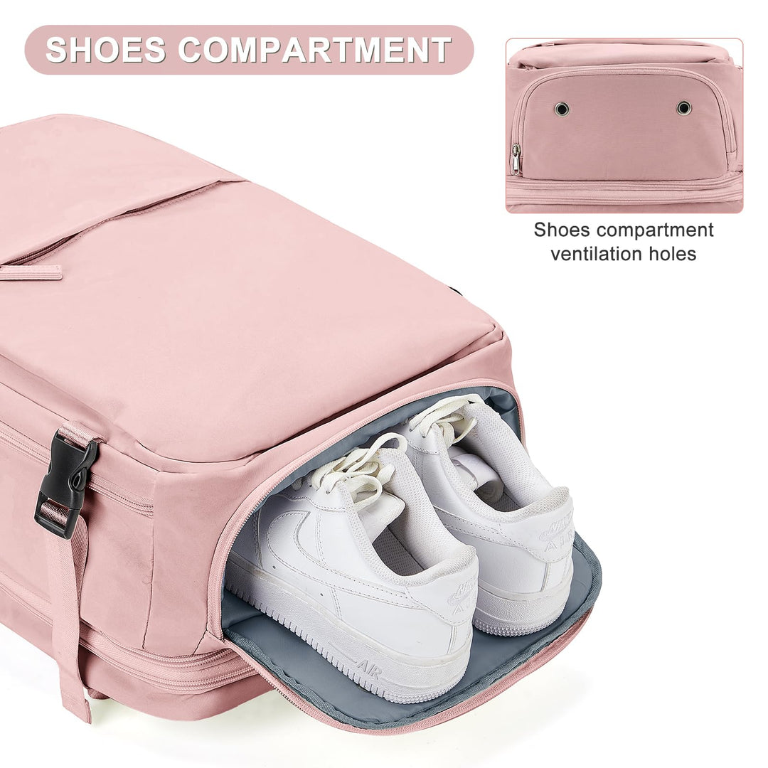 Expandable Backpack For Traveling On Airplane Carry On Backpack Flight Approved Personal Item Travel Backpack For Women Men Airline Approved Gym Bag With Shoe Compartment Travel Weekender Bag Pink