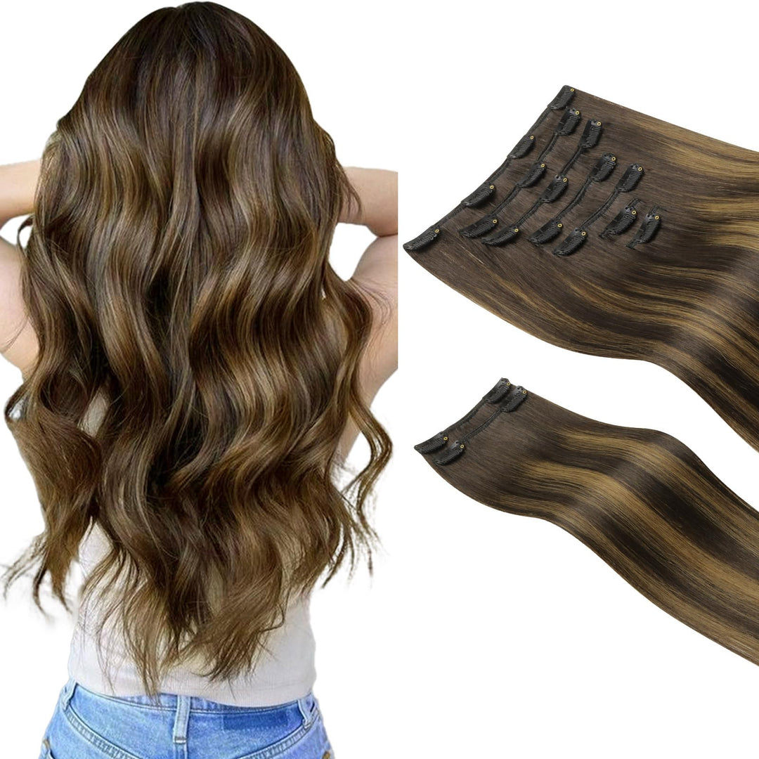 Hotbanana Clip In Hair Extensions Real Human Hair 140G 9Pcs 18 Inch Dark Brown To Chestnut Brown Clip In Human Hair Extensions S