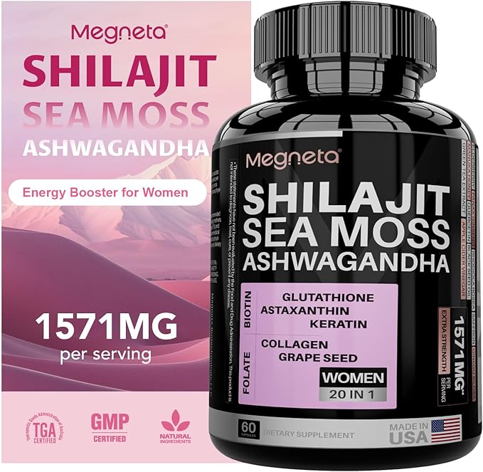 All-in-One Sea Moss, Shilajit, Ashwagandha & Glutathione Supplement for Women, Boosts Energy, 60 Capsules