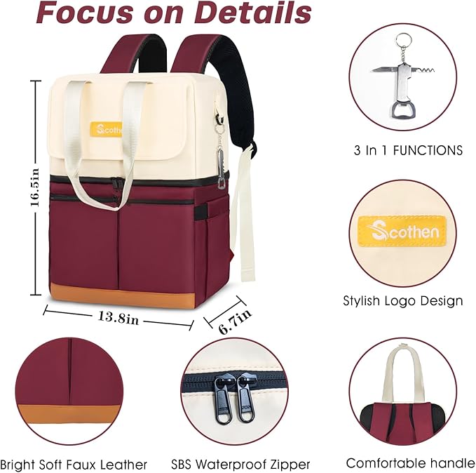 Backpack Cooler with Double Decker & 12 Ice Packs- Keeps 36 Cans Cold for Up to 24 Hours- Waterproof & Leak Proof Insulated Cooler Backpack- Stylish Cooler Bookbag for Women Travel Work Beach