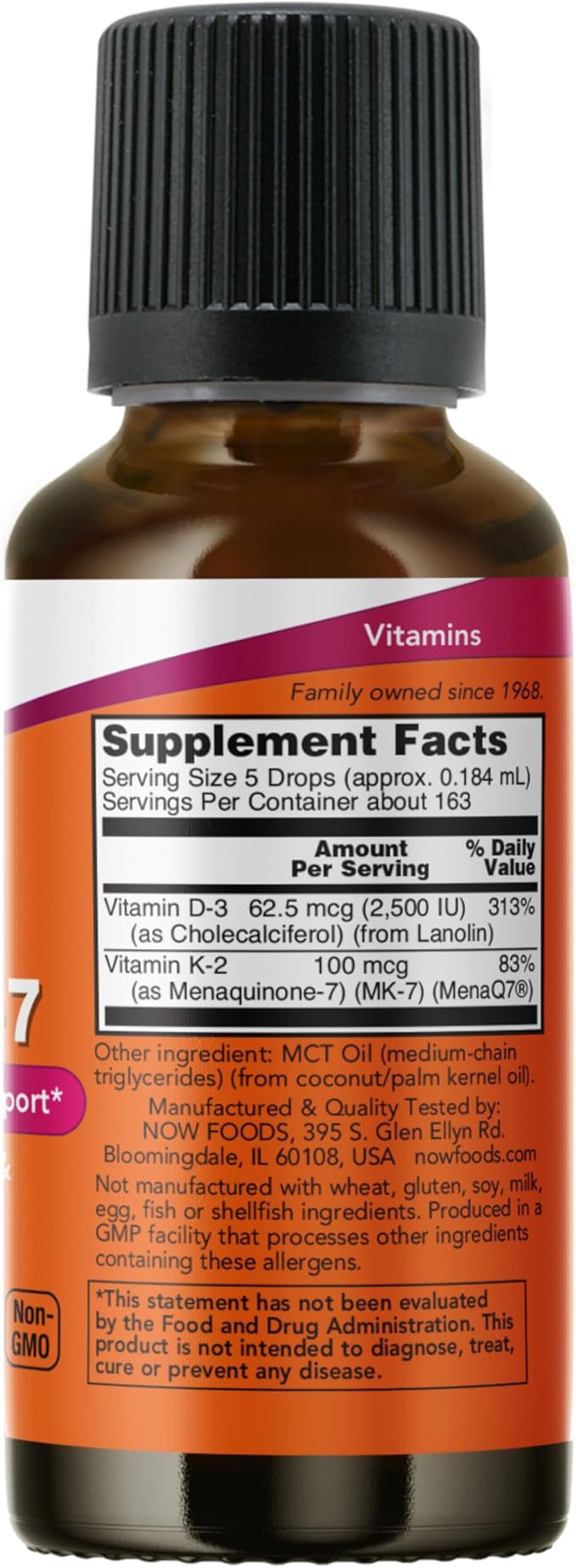 NOW Foods Supplements, Liquid D-3 & MK-7 with 2,500 IU Vitamin D-3 & 100 mcg Vitamin K-2 per 5 drops, 1-Ounce