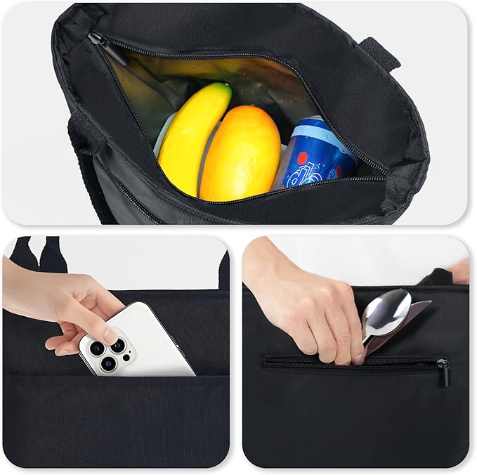 Aosbos Lunch Bag Lunch Box for Women Lunch Tote Bag Insulated Lunch Cooler Bag Thermal LunchBox Adult Bolsa Termica Almuerzo Lonchera, Black