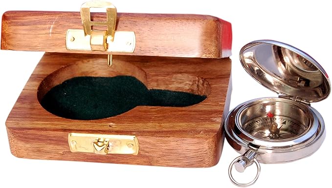 Brass Nautical Compass with Wooden Case - Antique Brass & Copper Sun Clock for Camping, Hiking, Touring - Engraved Gift for Him - Nautical Clock - Compass Gift