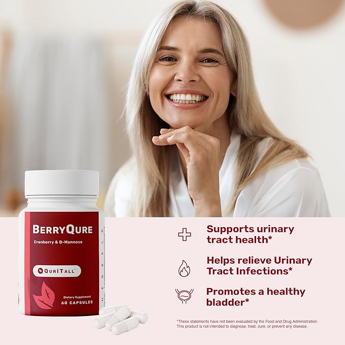 BerryQure Cranberry & D-Mannose Supplements for Women - D-Mannose Pills with Cranberry Juice Powder, Hibiscus Flower & Dandelion Herb Supports Urinary Tract Health - 60 Capsules