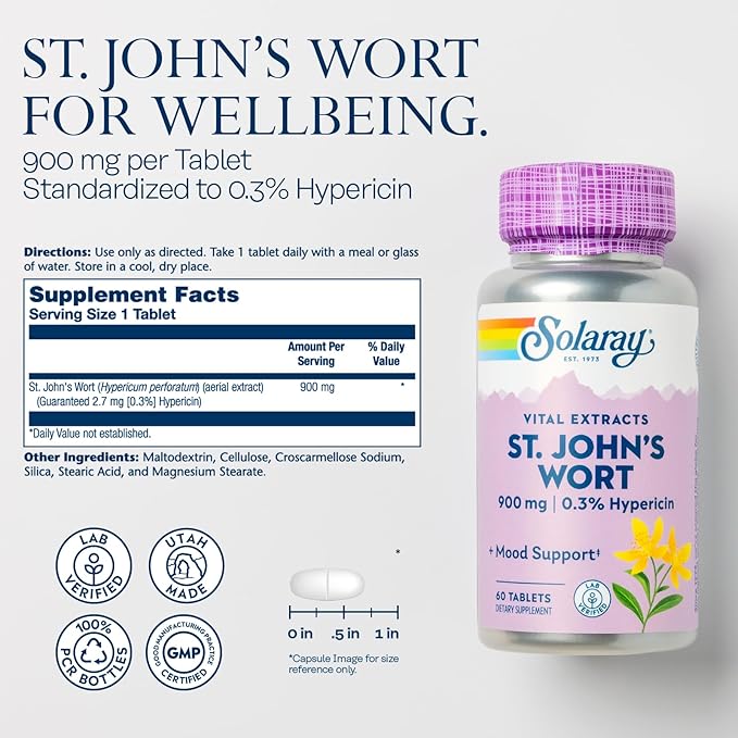 SOLARAY St. Johns Wort Aerial Extract One Daily 900mg, Standardized w/ 0.3% Hypericin for Mood Stability & Brain Health Support, Non-GMO |60 Servings | 60 Tablets