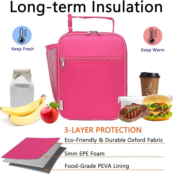 Lunch Box for Kids Boys Girls Men Women,Insulated Small Soft Cooler Lunch Bag Kit for School Work Picnic Travel - Reusable Portable lunchbox,Rose Red