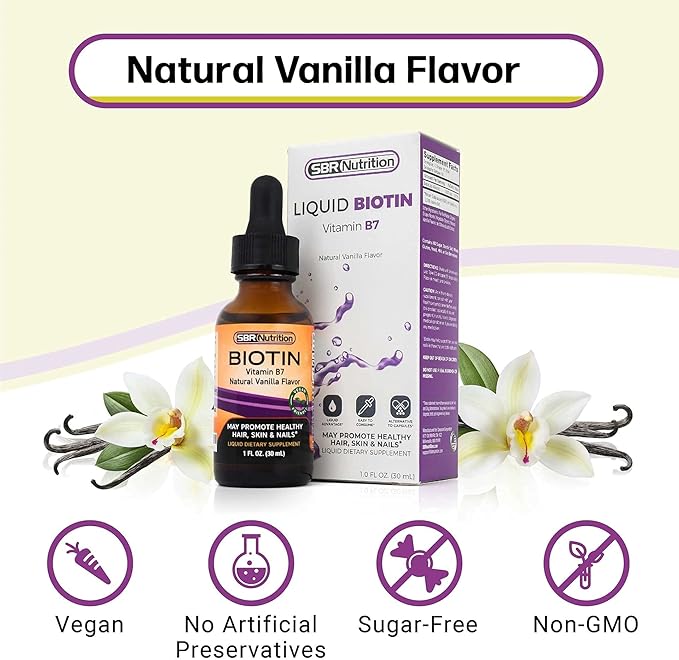 SBR Nutrition Biotin Liquid Drops, 5000mcg per Serving (60) 1.0Fl.oz (30ml) Vanilla