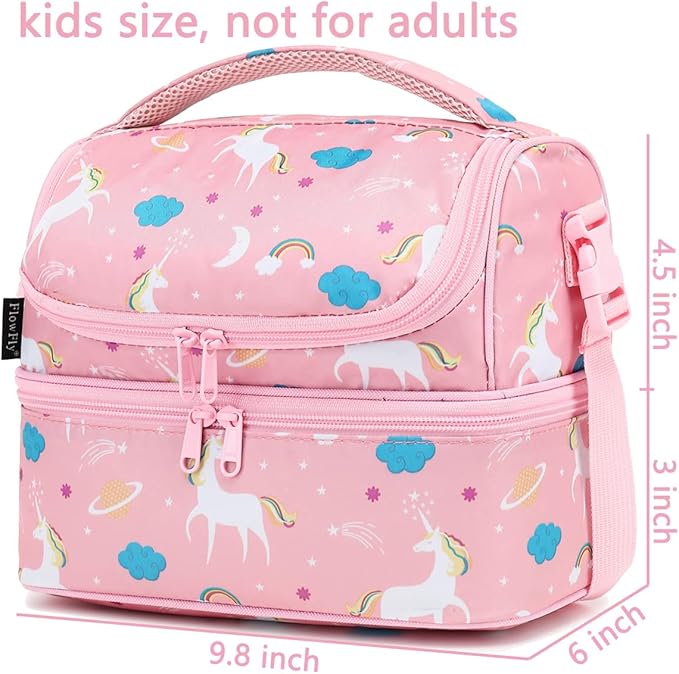 FlowFly Kids Double Decker Cooler Insulated Lunch Bag Large Tote for Boys, Girls, Men, Women, With Adjustable Strap, Unicorn