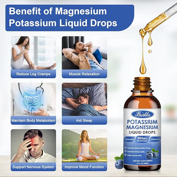 Potassium Magnesium Supplement - High Absorption Magnesium Complex 500mg & Potassium 99mg Plus Calcium, Vitamin D3, Zinc, Sugar Free Drops Supplement for Leg Cramps, Energy, Metabolism(Blueberry)